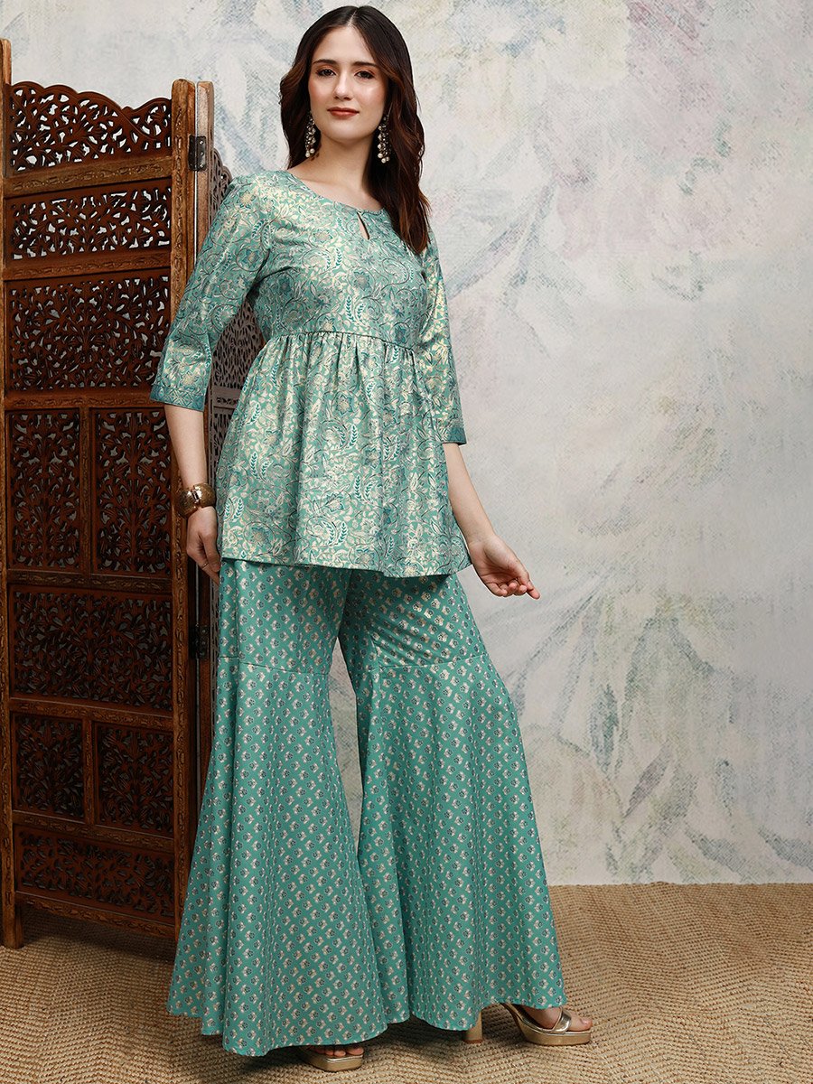 Blue Printed Keyhole Neck Sharara 
