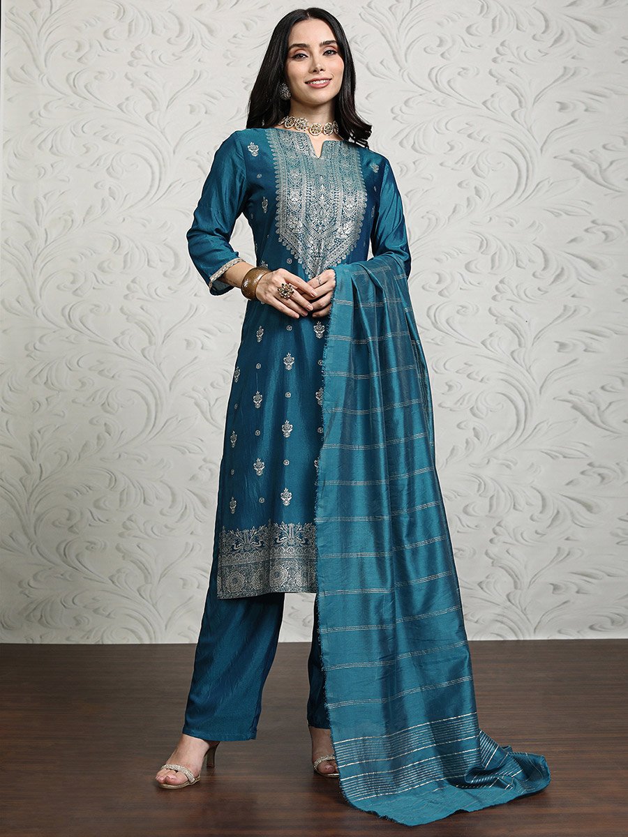 Women Blue Printed Viscose Kurta Set with Dupatta 