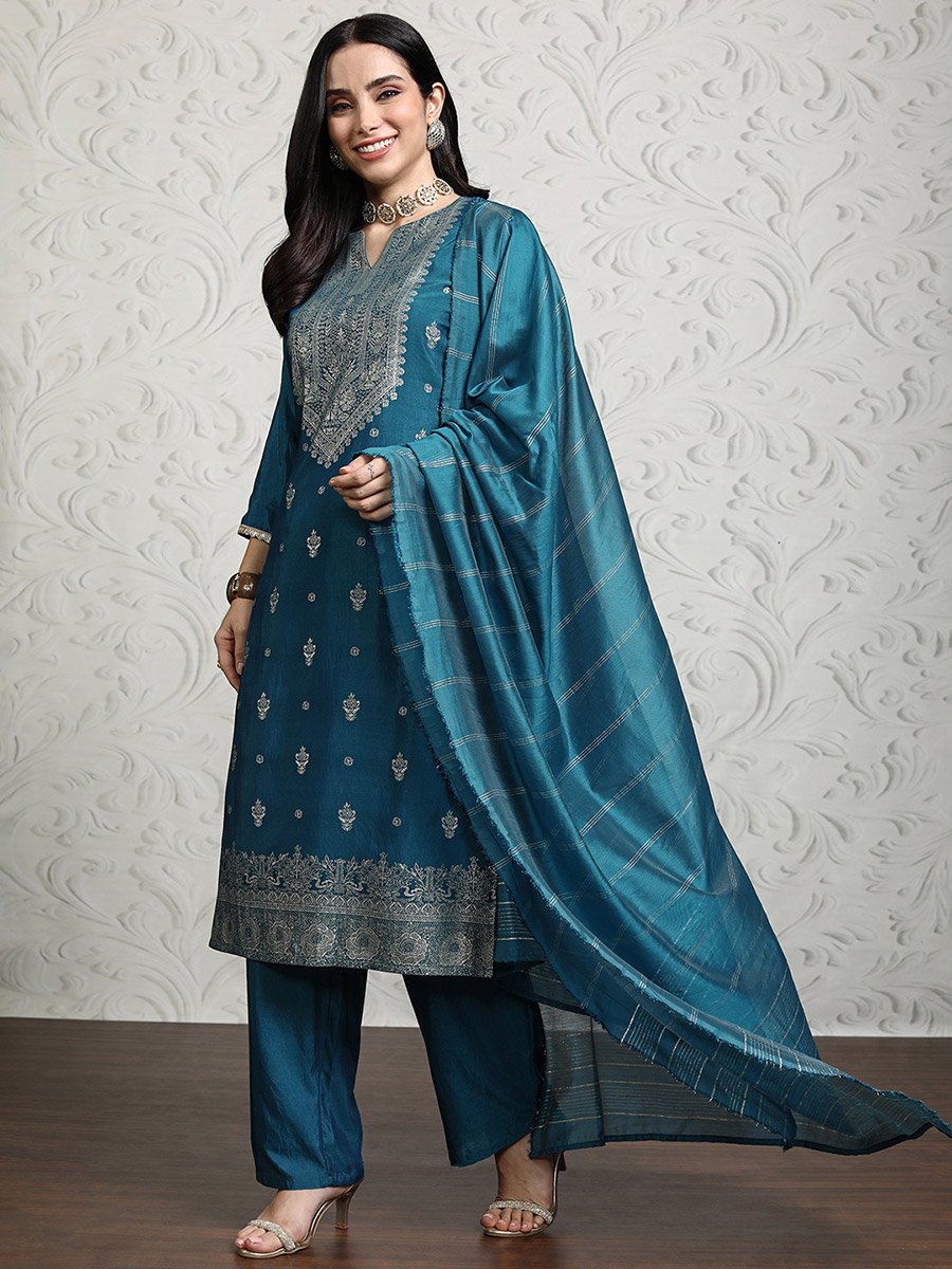 Women Blue Printed Viscose Kurta Set with Dupatta 