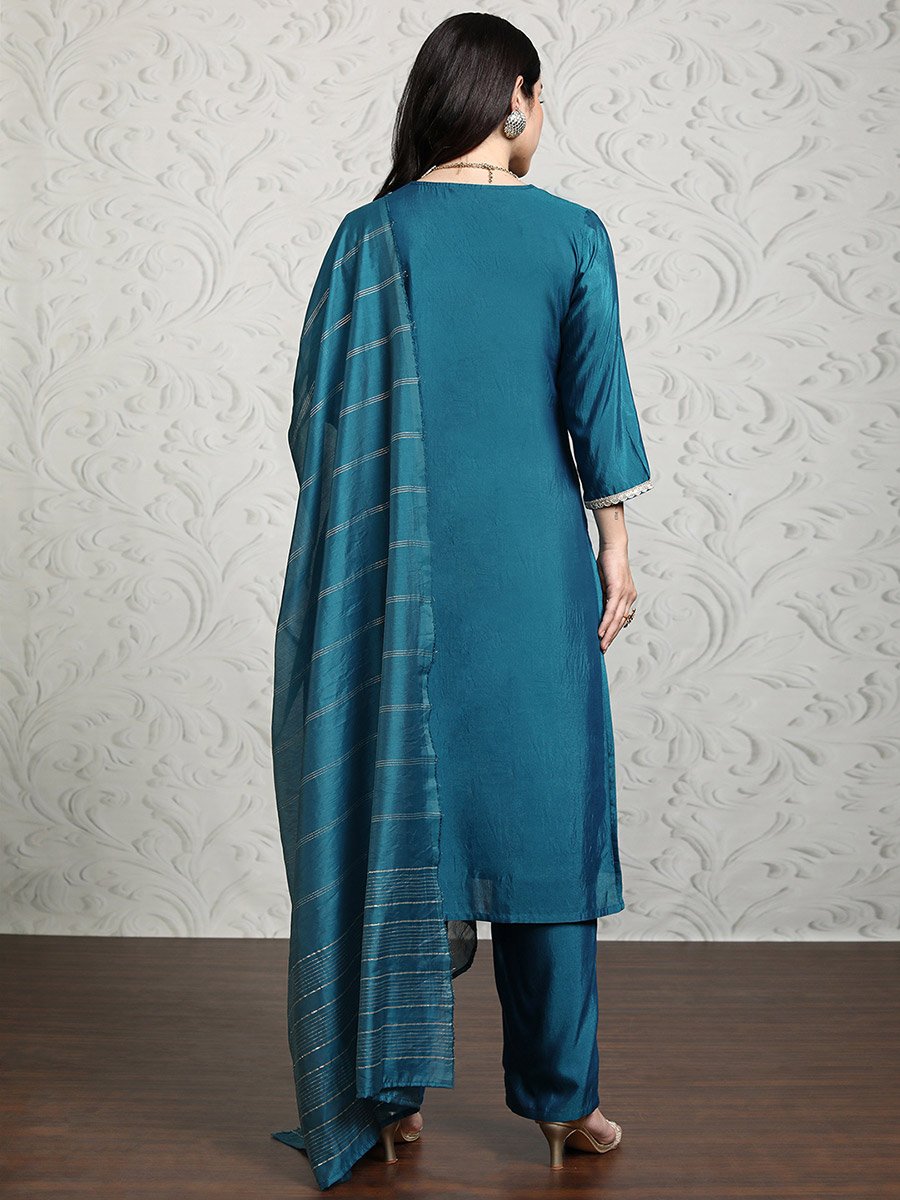 Women Blue Printed Viscose Kurta Set with Dupatta 