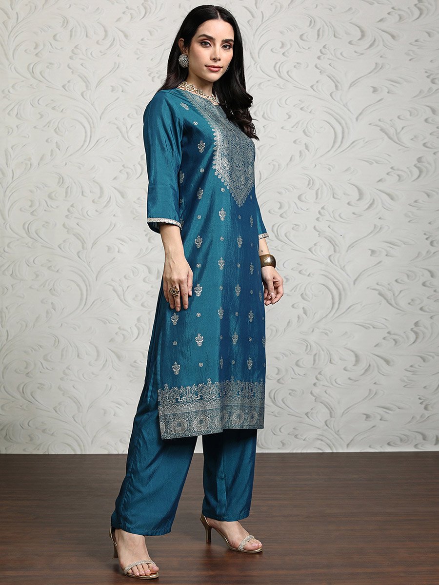 Women Blue Printed Viscose Kurta Set with Dupatta 