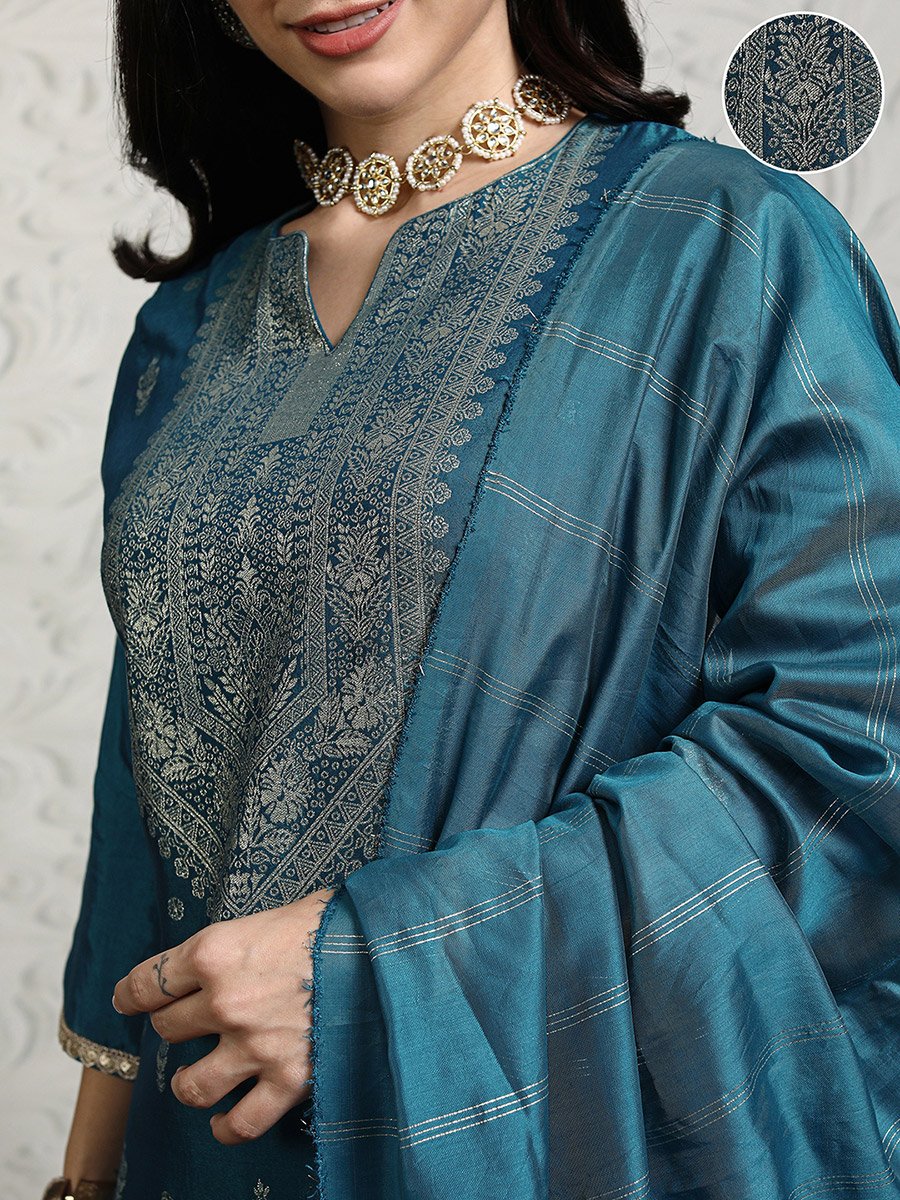 Women Blue Printed Viscose Kurta Set with Dupatta 