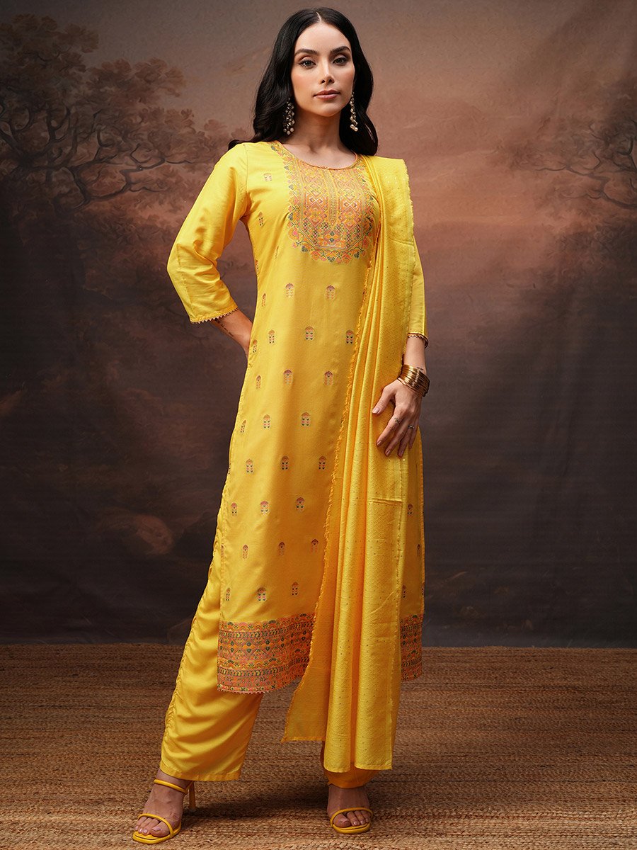 Women Yellow Printed Kurta Set with Dupatta 