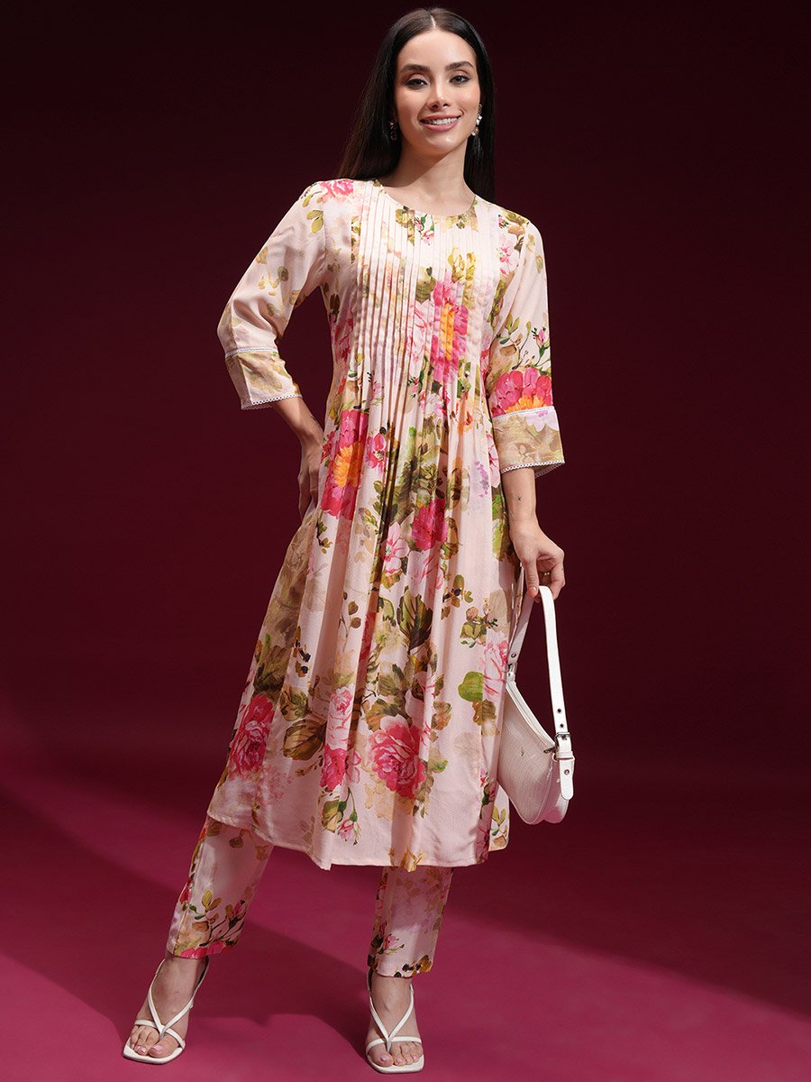Women Cream Floral Printed Kurta with Trousers 