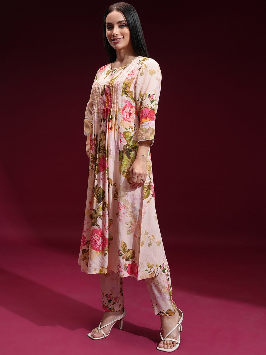 Women Cream Floral Printed Kurta with Trousers 