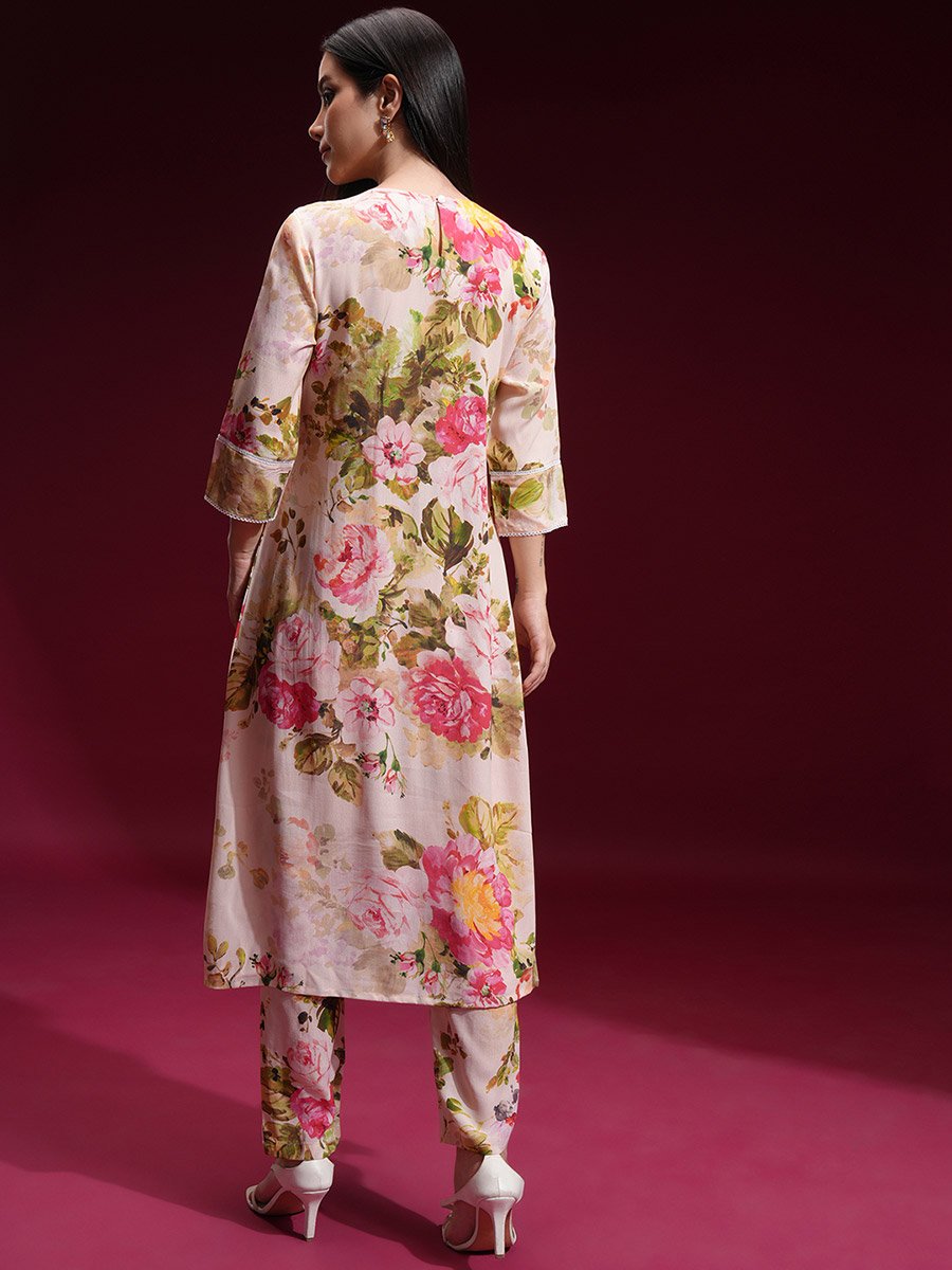 Women Cream Floral Printed Kurta with Trousers 