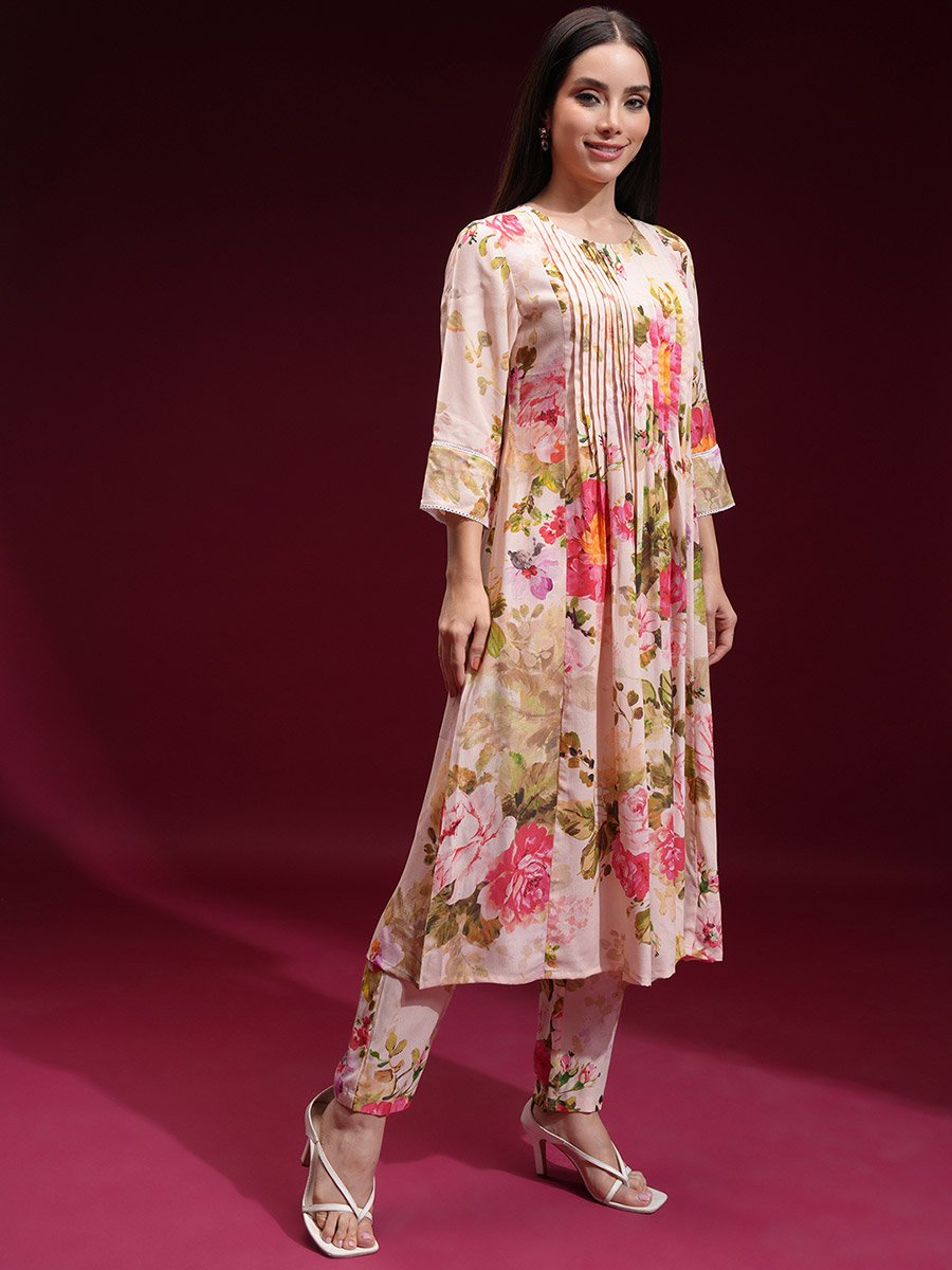 Women Cream Floral Printed Kurta with Trousers 