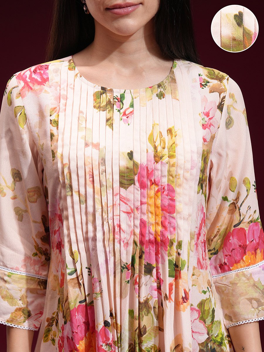 Women Cream Floral Printed Kurta with Trousers 