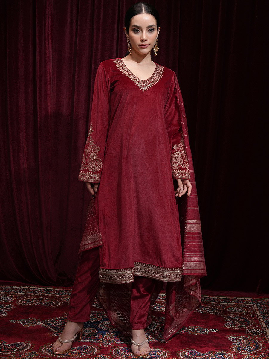 Women Red Embroidered Velvet Kurta Set 