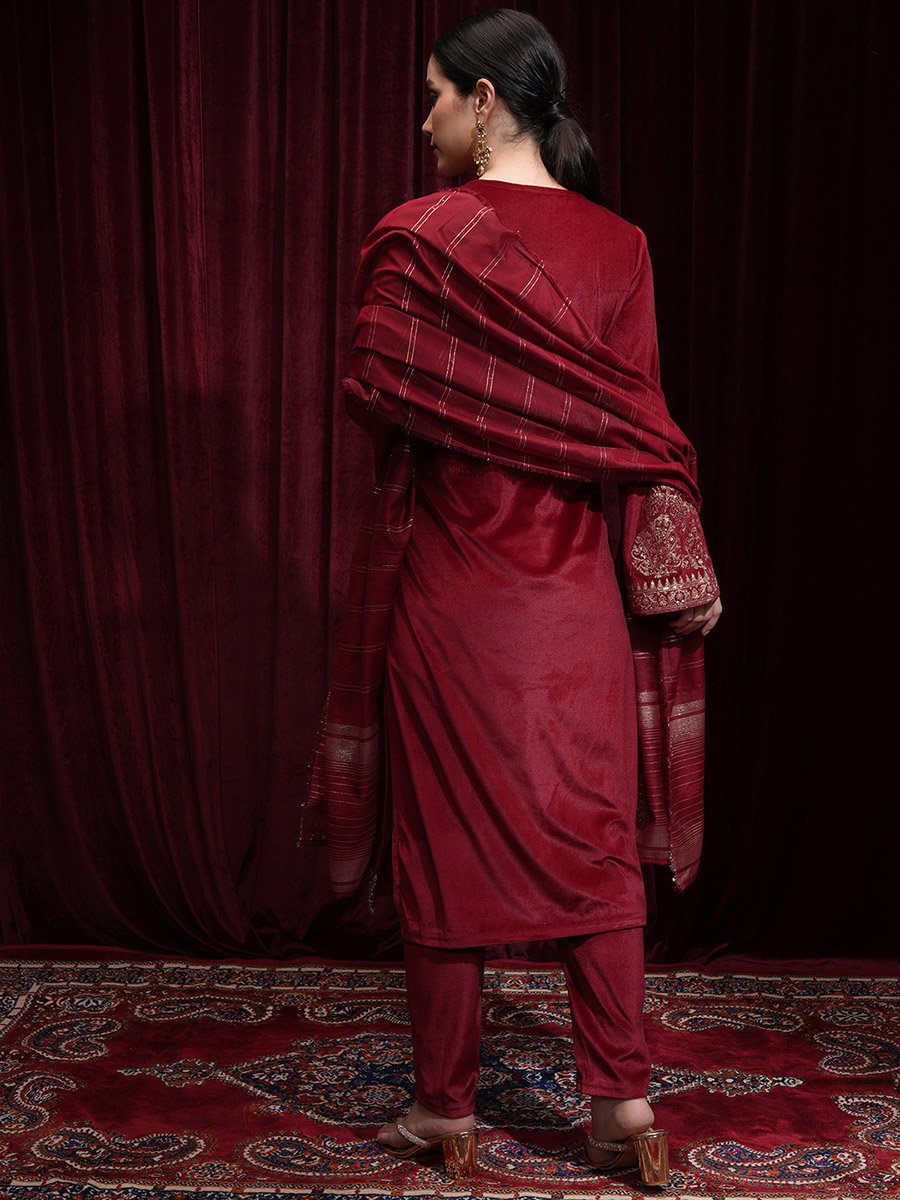 Women Red Embroidered Velvet Kurta Set 