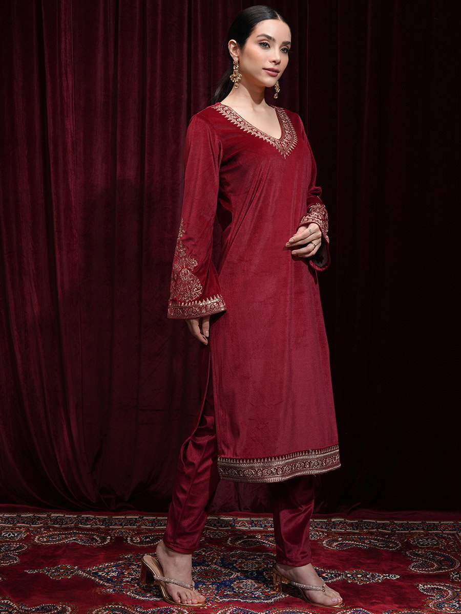 Women Red Embroidered Velvet Kurta Set 