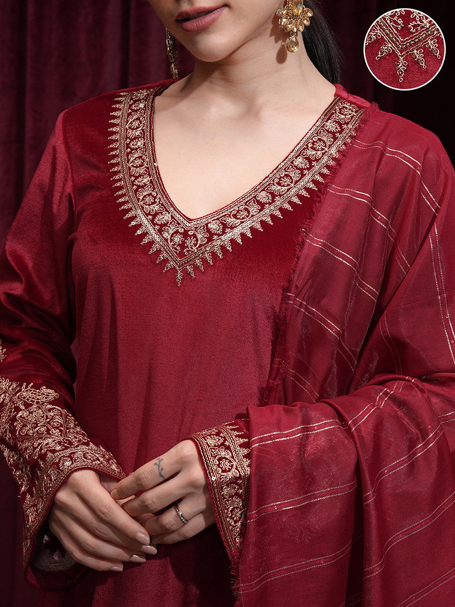 Women Red Embroidered Velvet Kurta Set 