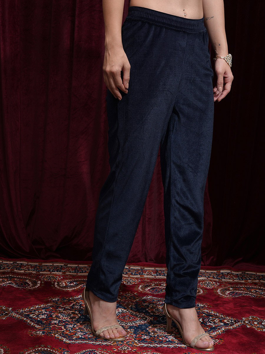 Women Blue Embroidered Velvet Kurta Set 