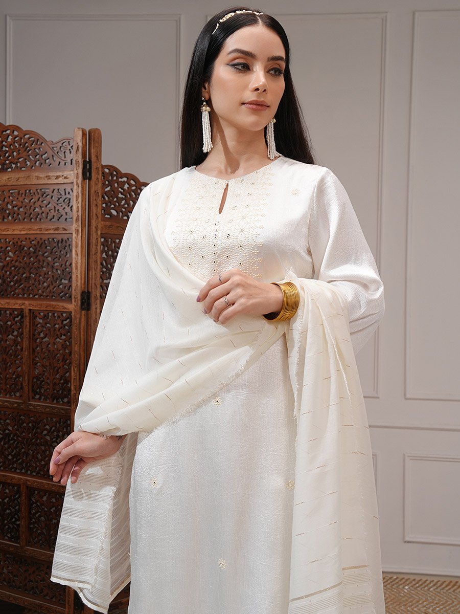 Women White Embroidered Kurta Set 
