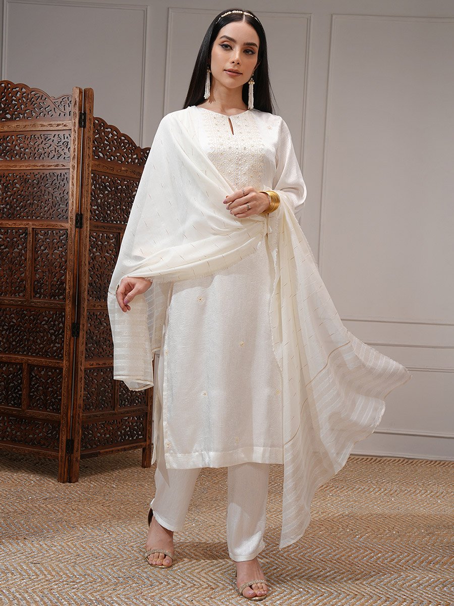 Women White Embroidered Kurta Set 