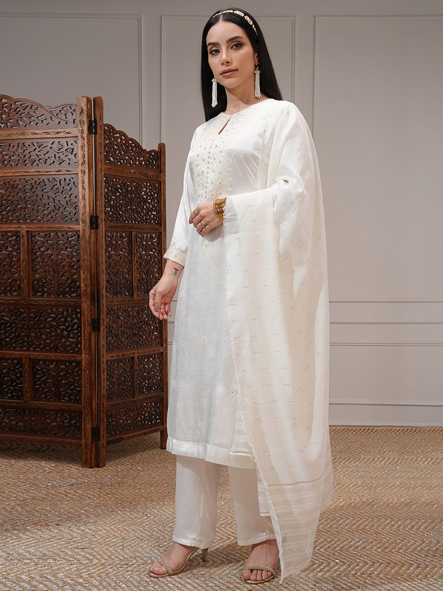 Women White Embroidered Kurta Set 