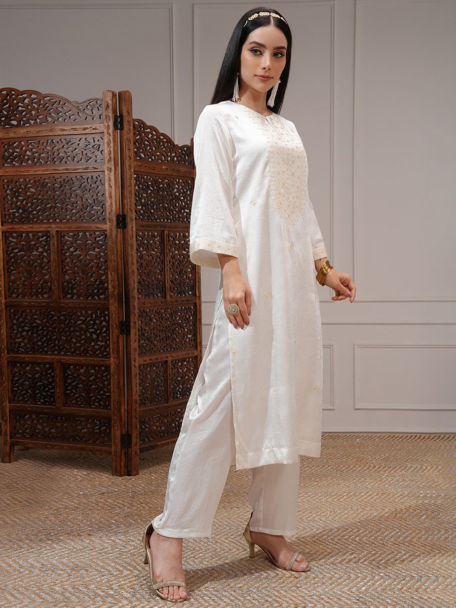 Women White Embroidered Kurta Set 