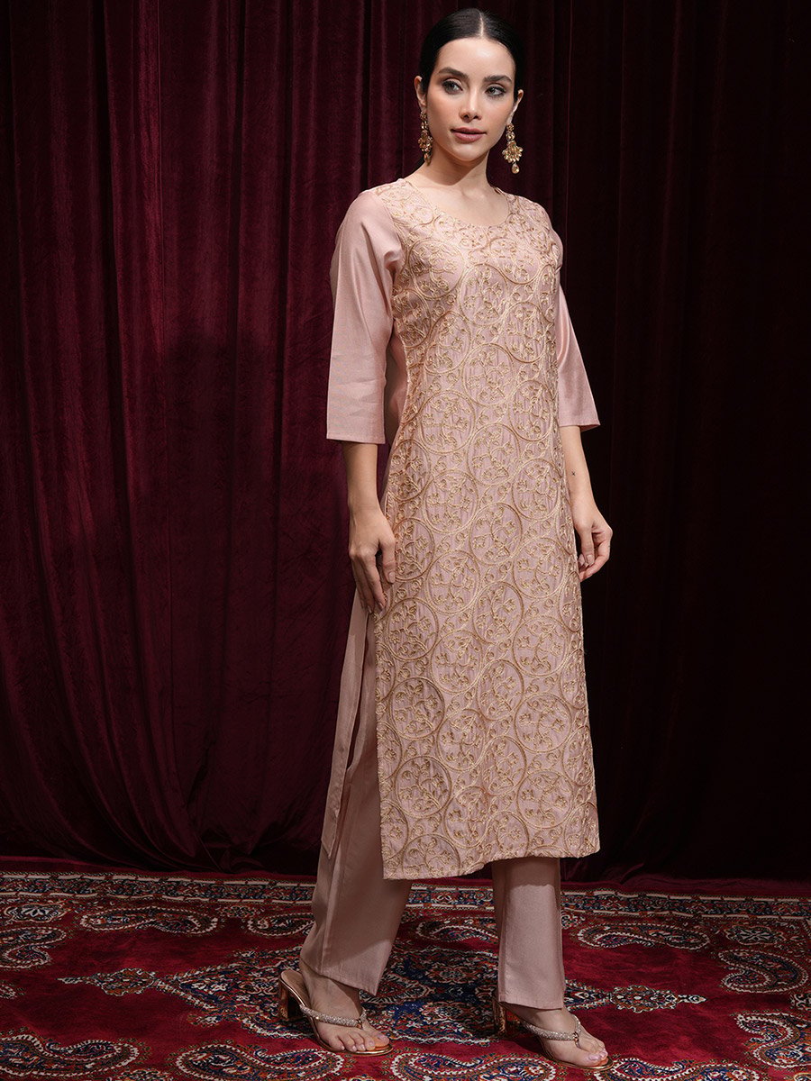 Women Peach Embroidered Kurta Set 