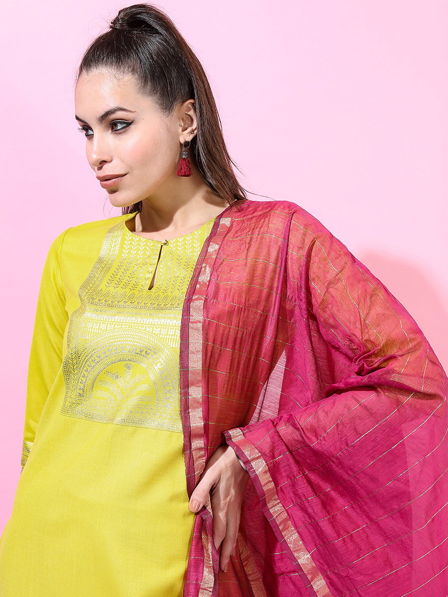 Women Lime Green Printed Kurta Set 