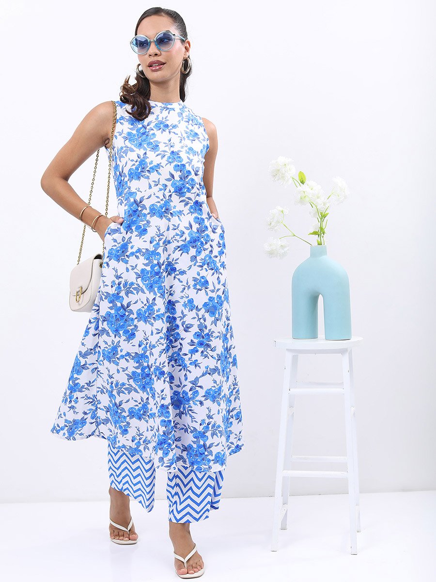Women Blue Printed Kurta with Palazzo Pants 