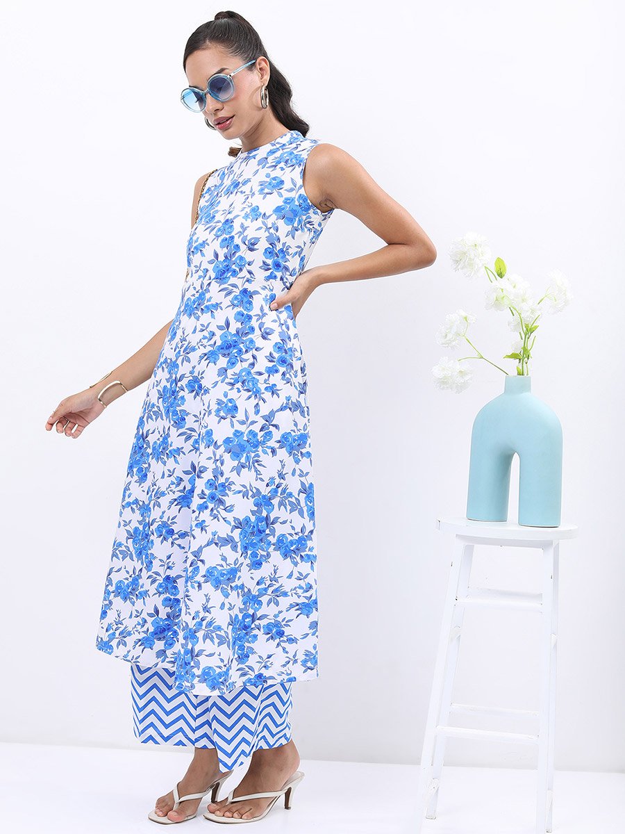 Women Blue Printed Kurta with Palazzo Pants 