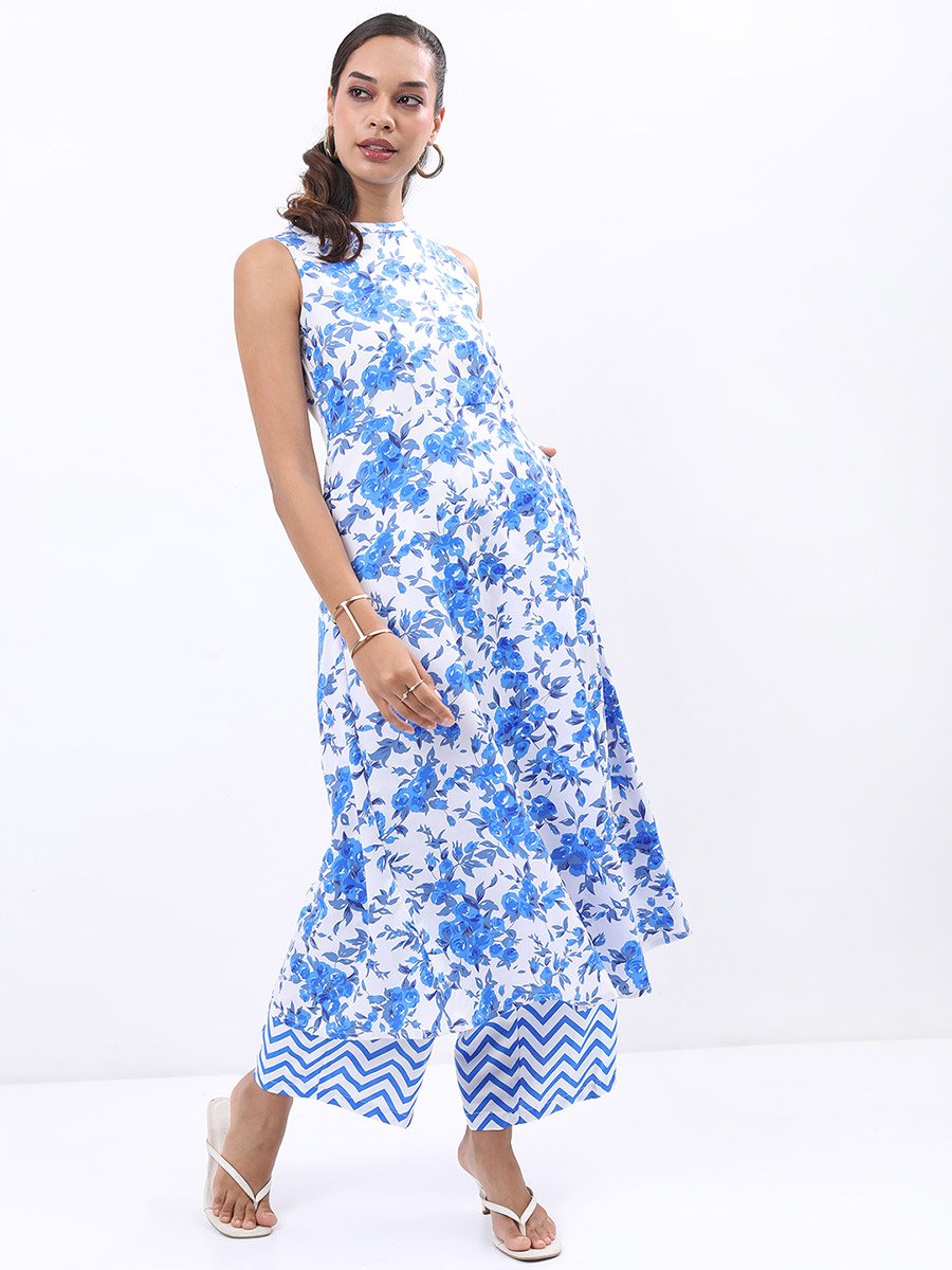 Women Blue Printed Kurta with Palazzo Pants 