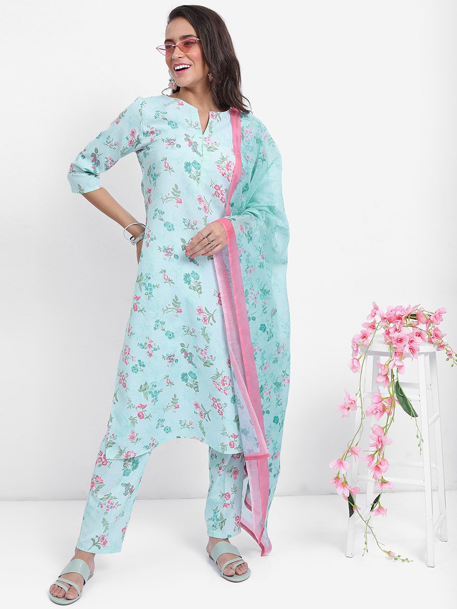 Women Blue Floral Printed Kurta Set with Dupatta 