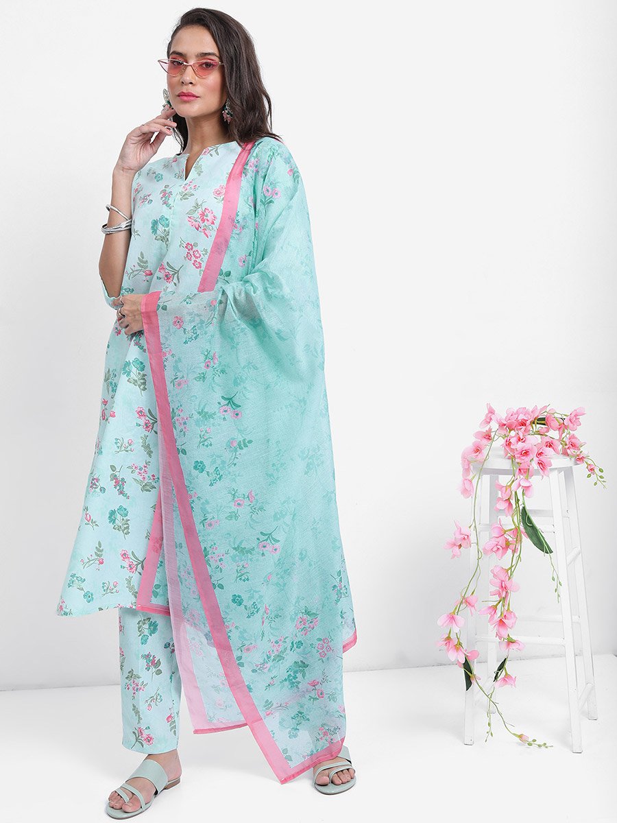 Women Blue Floral Printed Kurta Set with Dupatta 