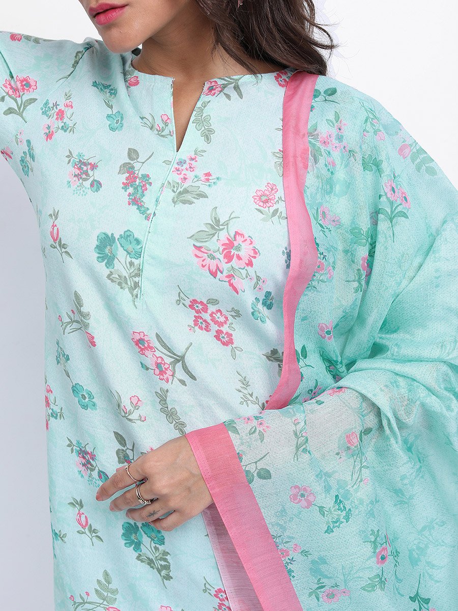 Women Blue Floral Printed Kurta Set with Dupatta 