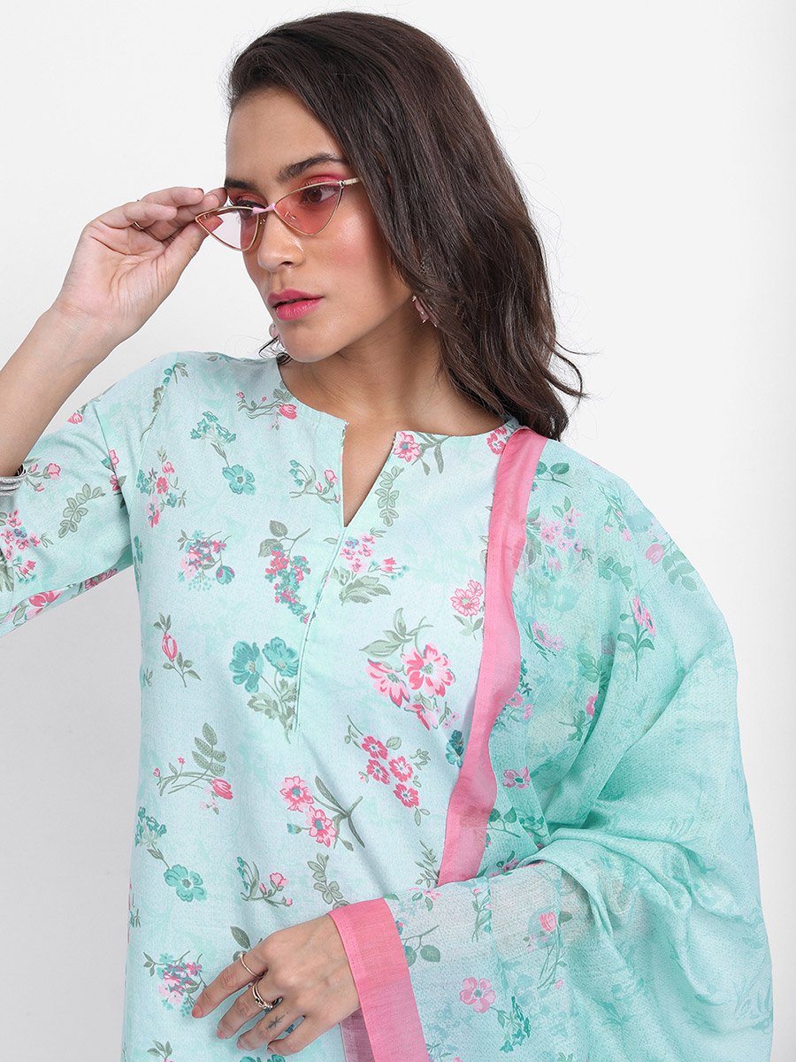 Women Blue Floral Printed Kurta Set with Dupatta 