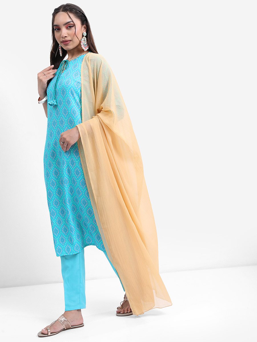 Blue Printed Kurta Set with Dupatta