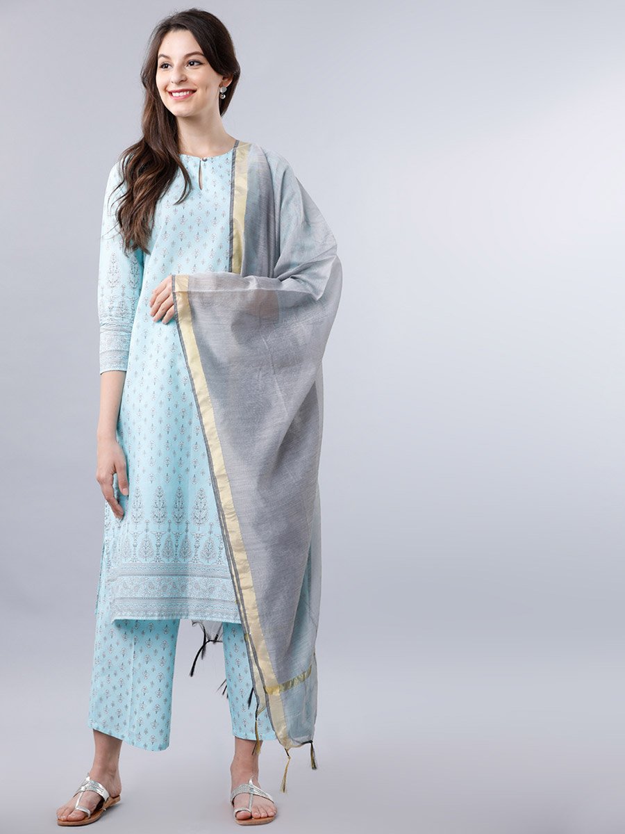 Women Blue Cotton Printed Kurta Set 