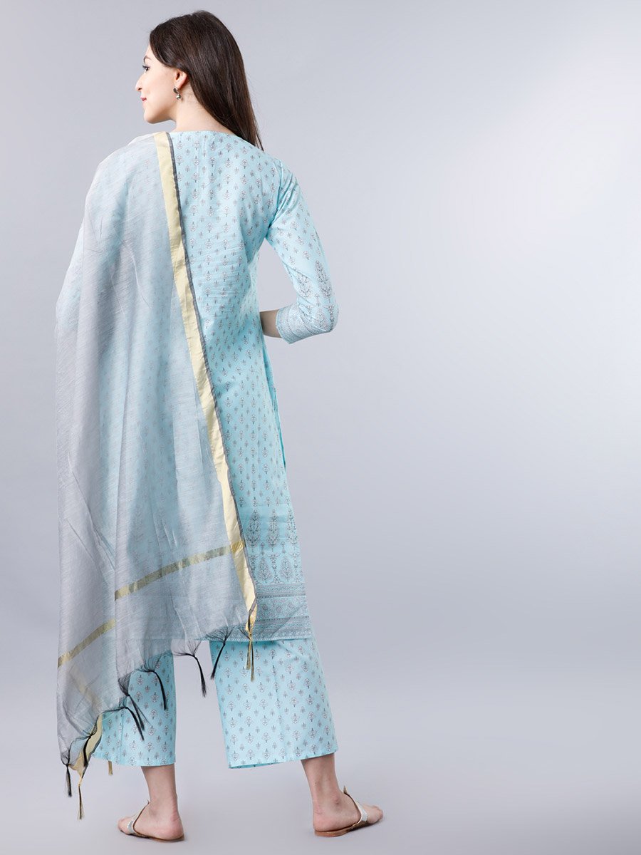 Women Blue Cotton Printed Kurta Set 