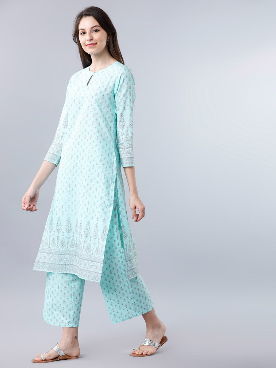 Women Blue Cotton Printed Kurta Set 