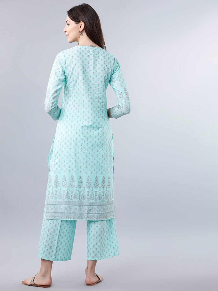 Women Blue Cotton Printed Kurta Set 