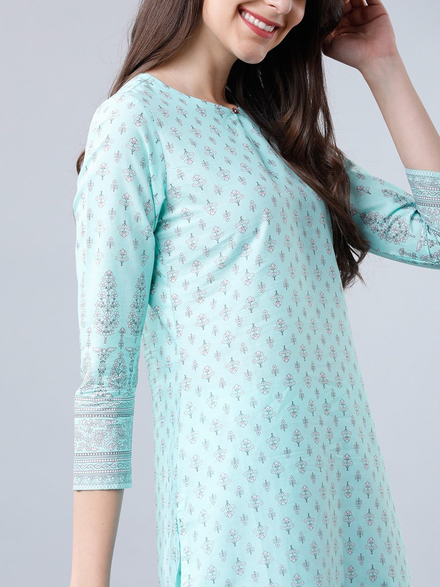 Women Blue Cotton Printed Kurta Set 