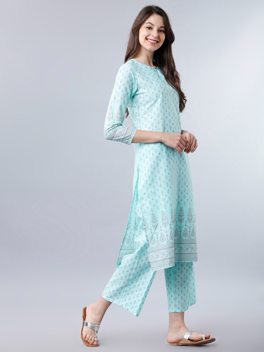 Women Blue Cotton Printed Kurta Set 