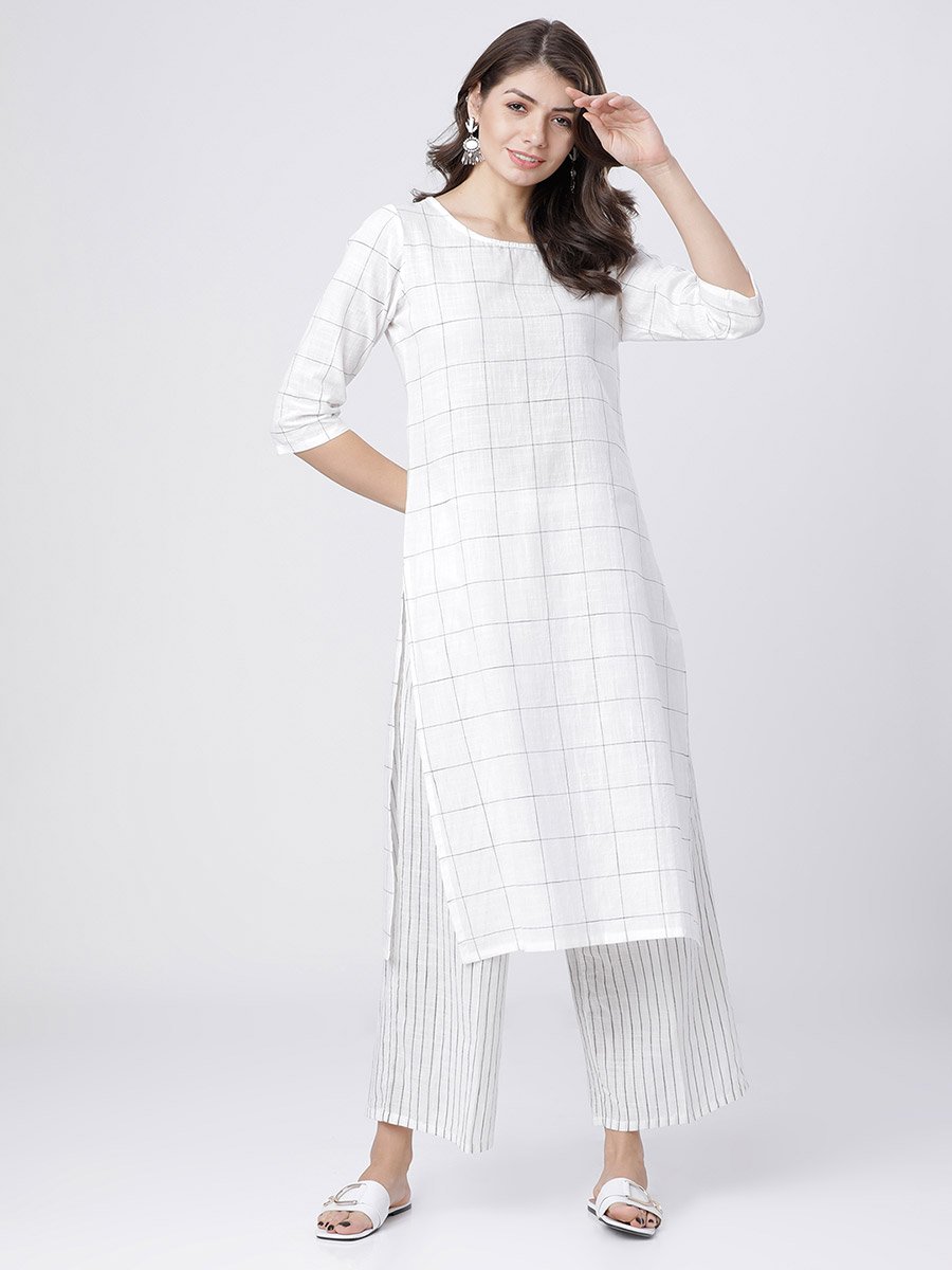 Women White and Black Checked Cotton Kurta Set 