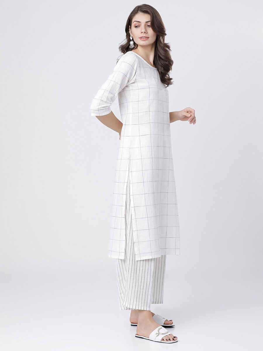 Women White and Black Checked Cotton Kurta Set 