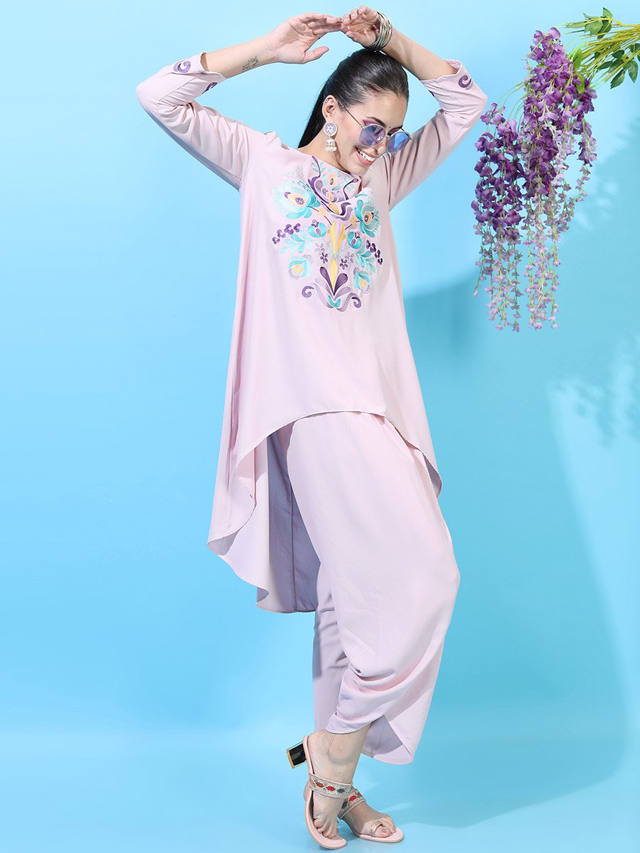 Women Embroidered High-Low Kurta with Dhoti Pants 