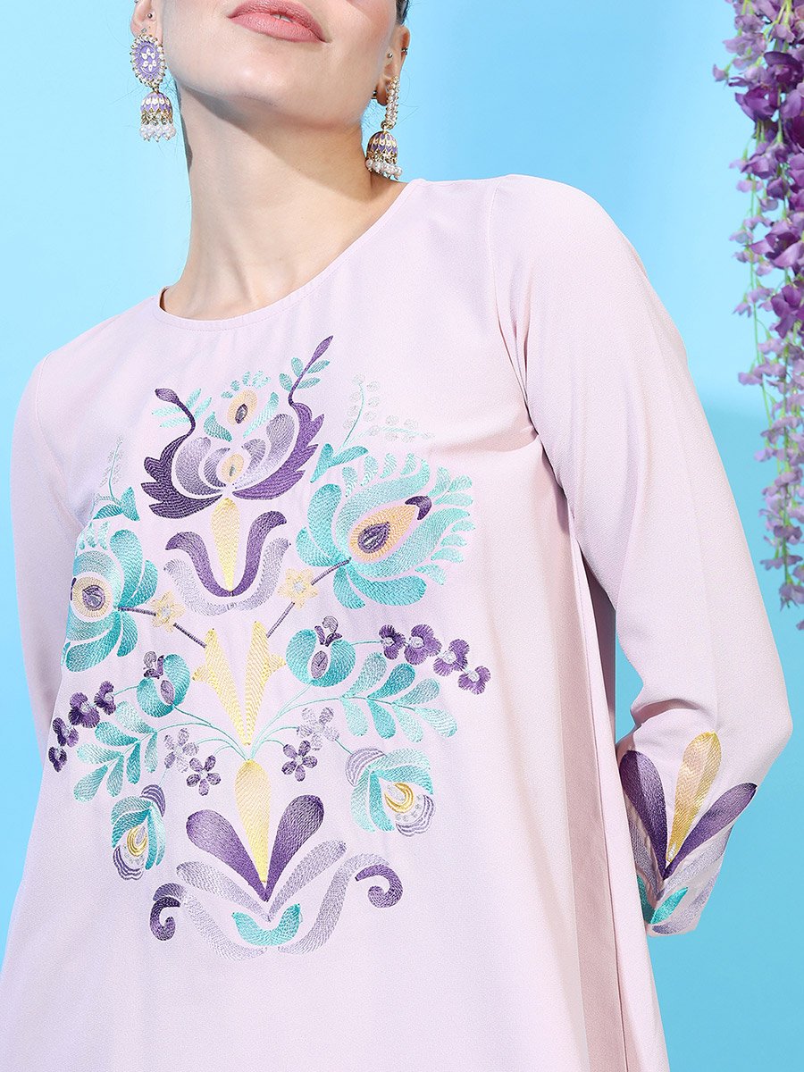 Women Embroidered High-Low Kurta with Dhoti Pants 