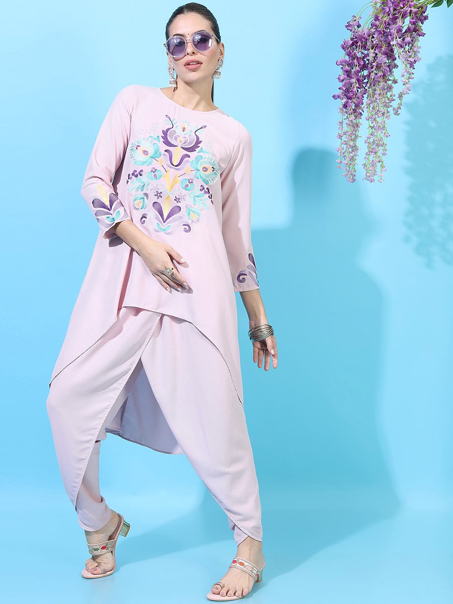Women Embroidered High-Low Kurta with Dhoti Pants 