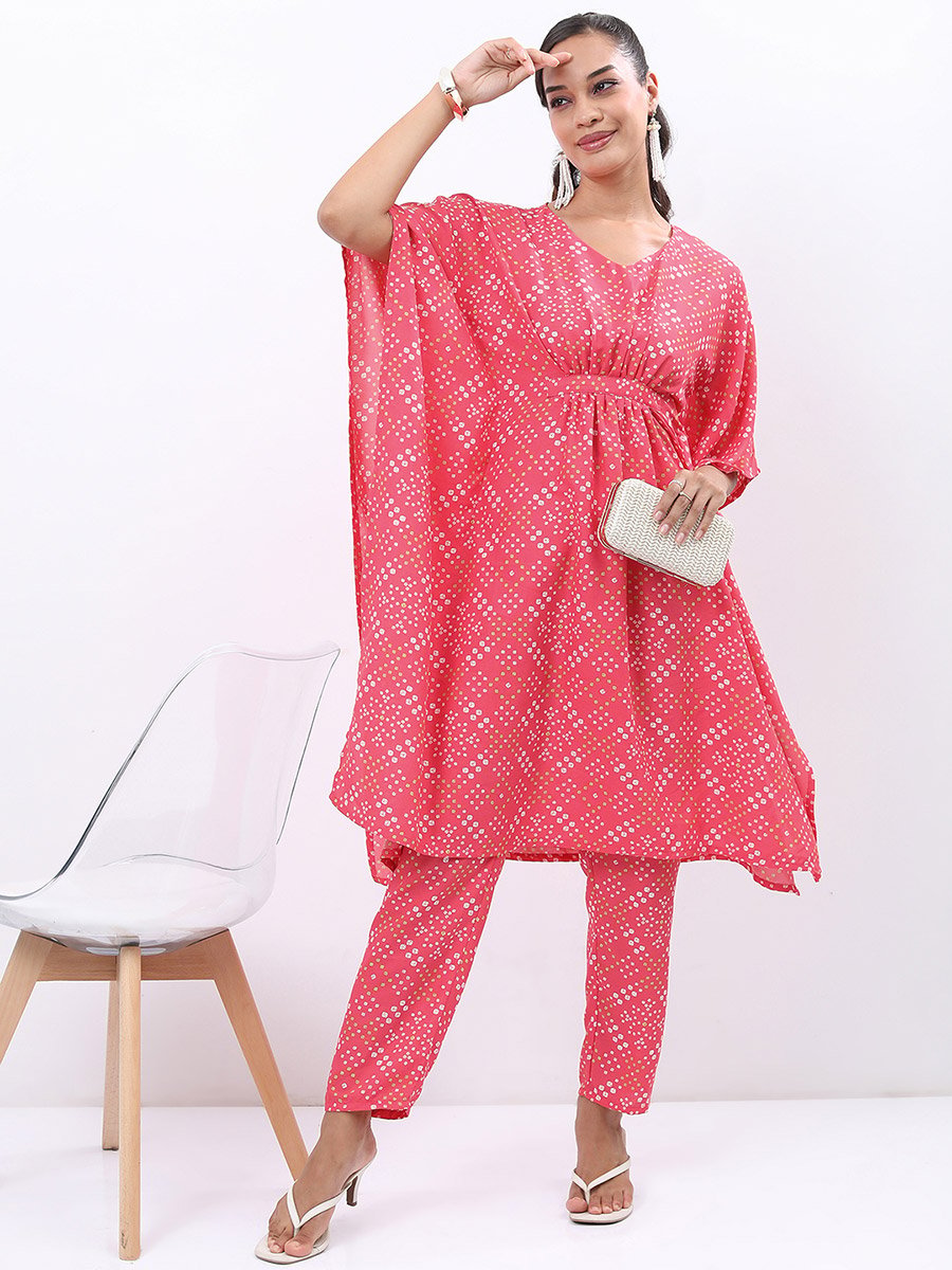 Women Pink Printed Kaftan Kurta with Trousers 