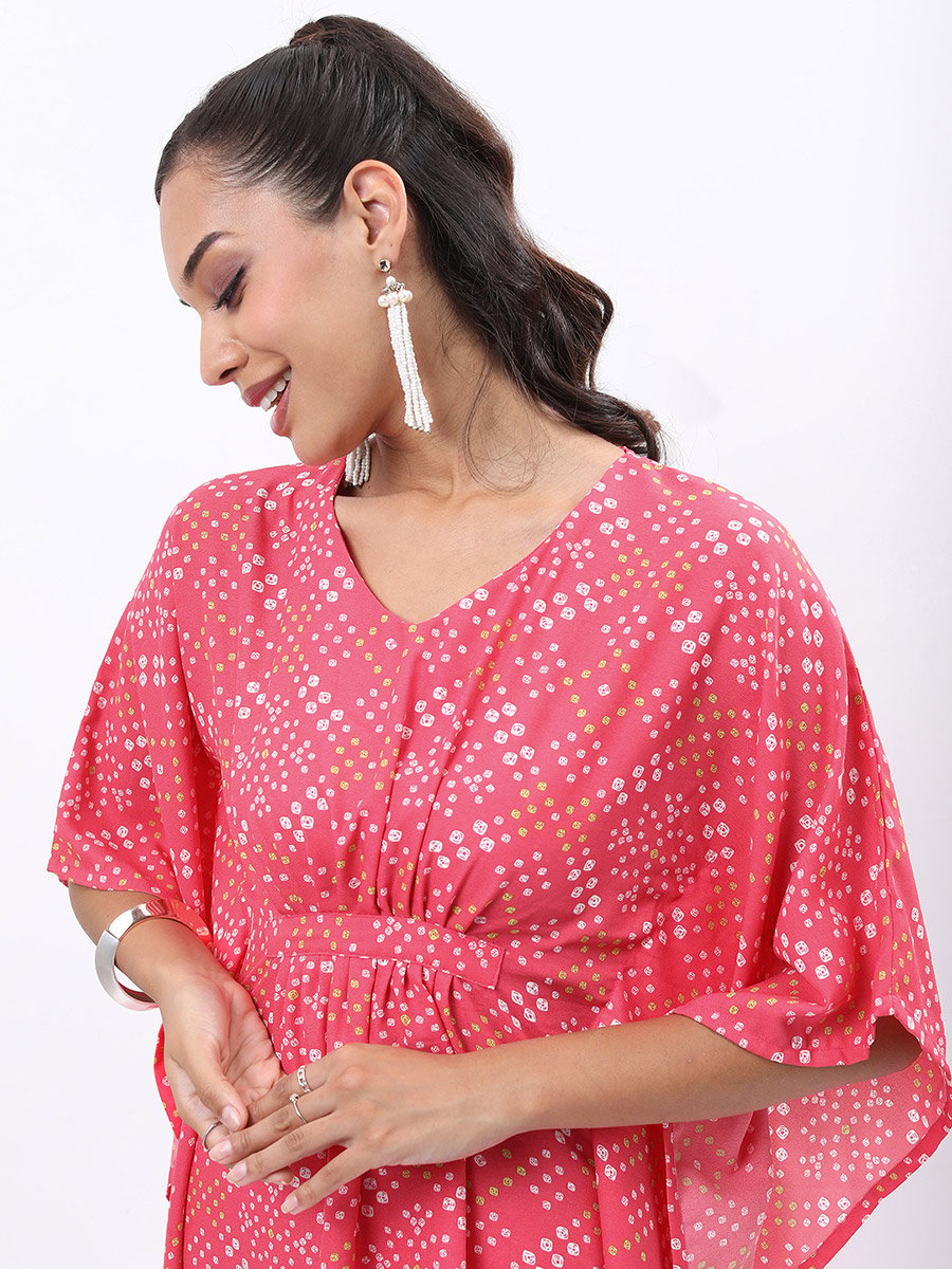 Women Pink Printed Kaftan Kurta with Trousers 