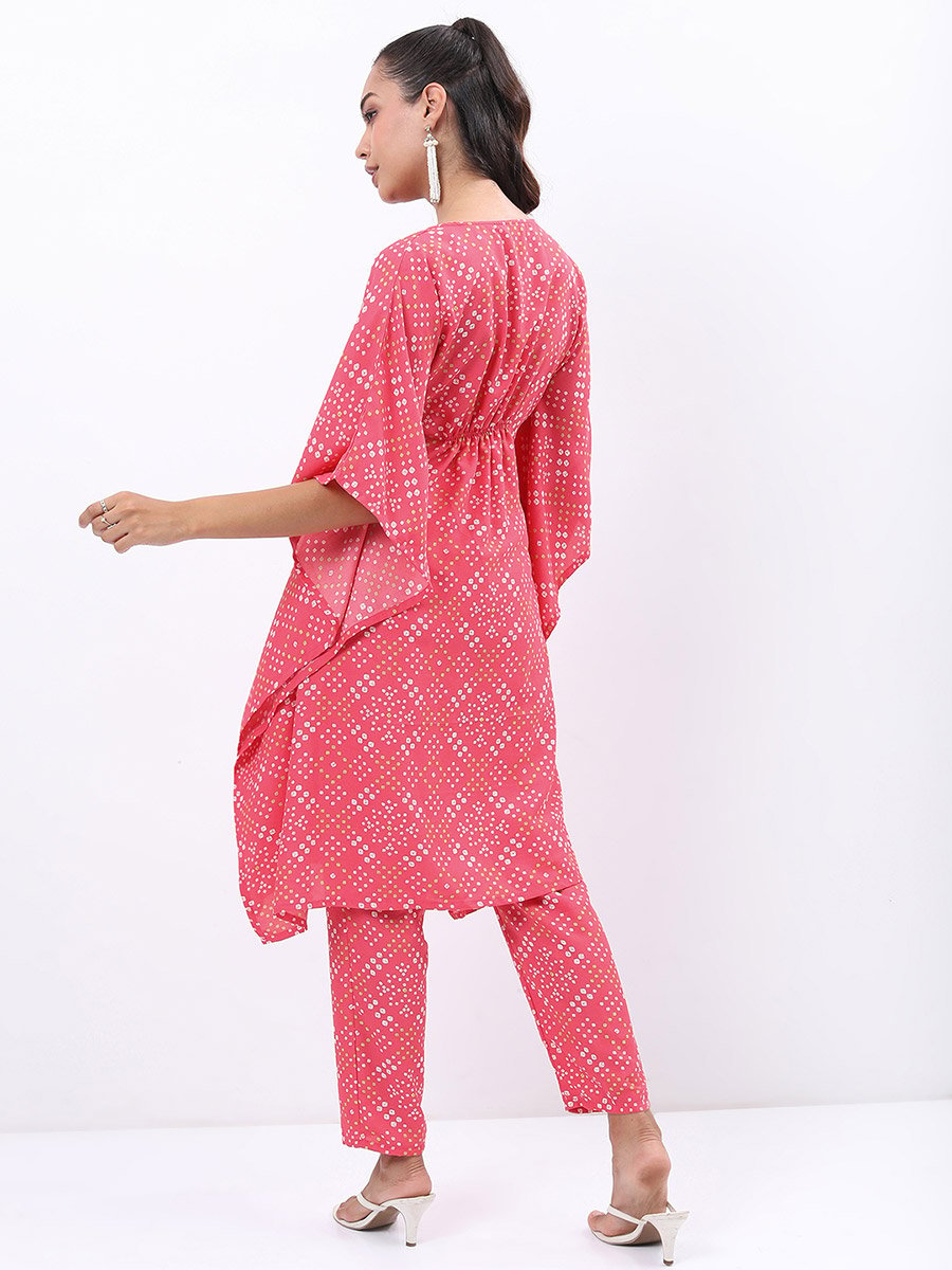 Women Pink Printed Kaftan Kurta with Trousers 