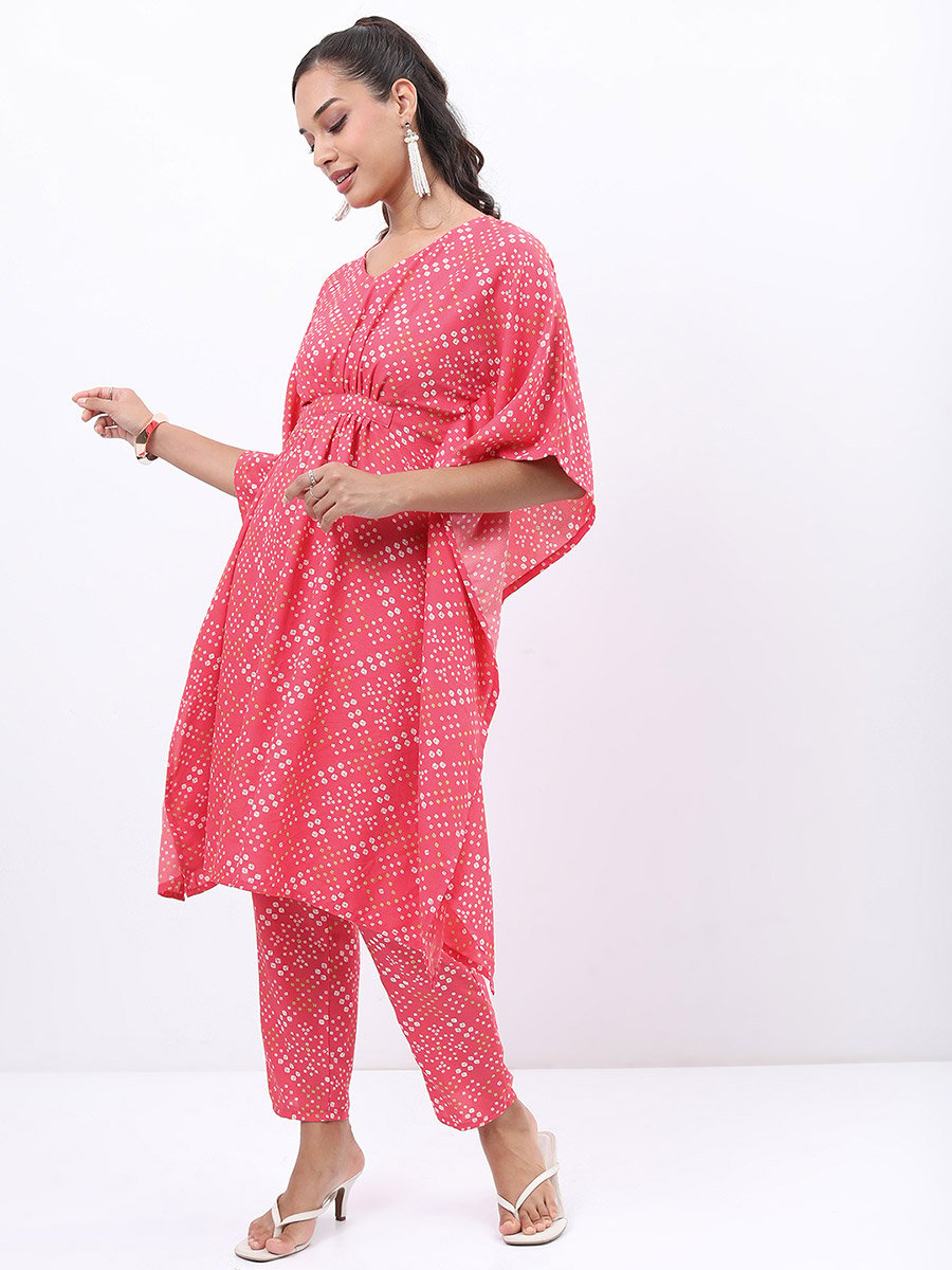 Women Pink Printed Kaftan Kurta with Trousers 