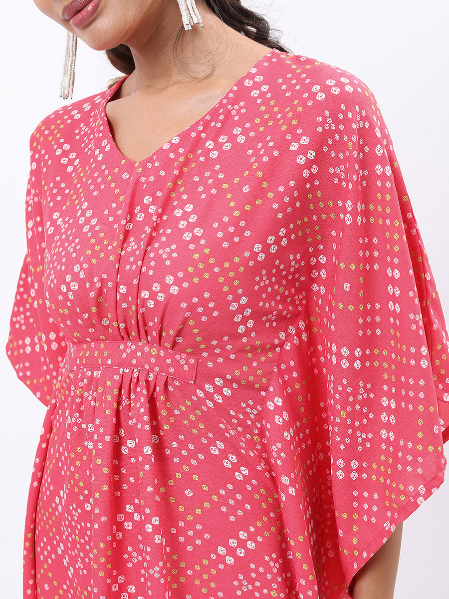 Women Pink Printed Kaftan Kurta with Trousers 