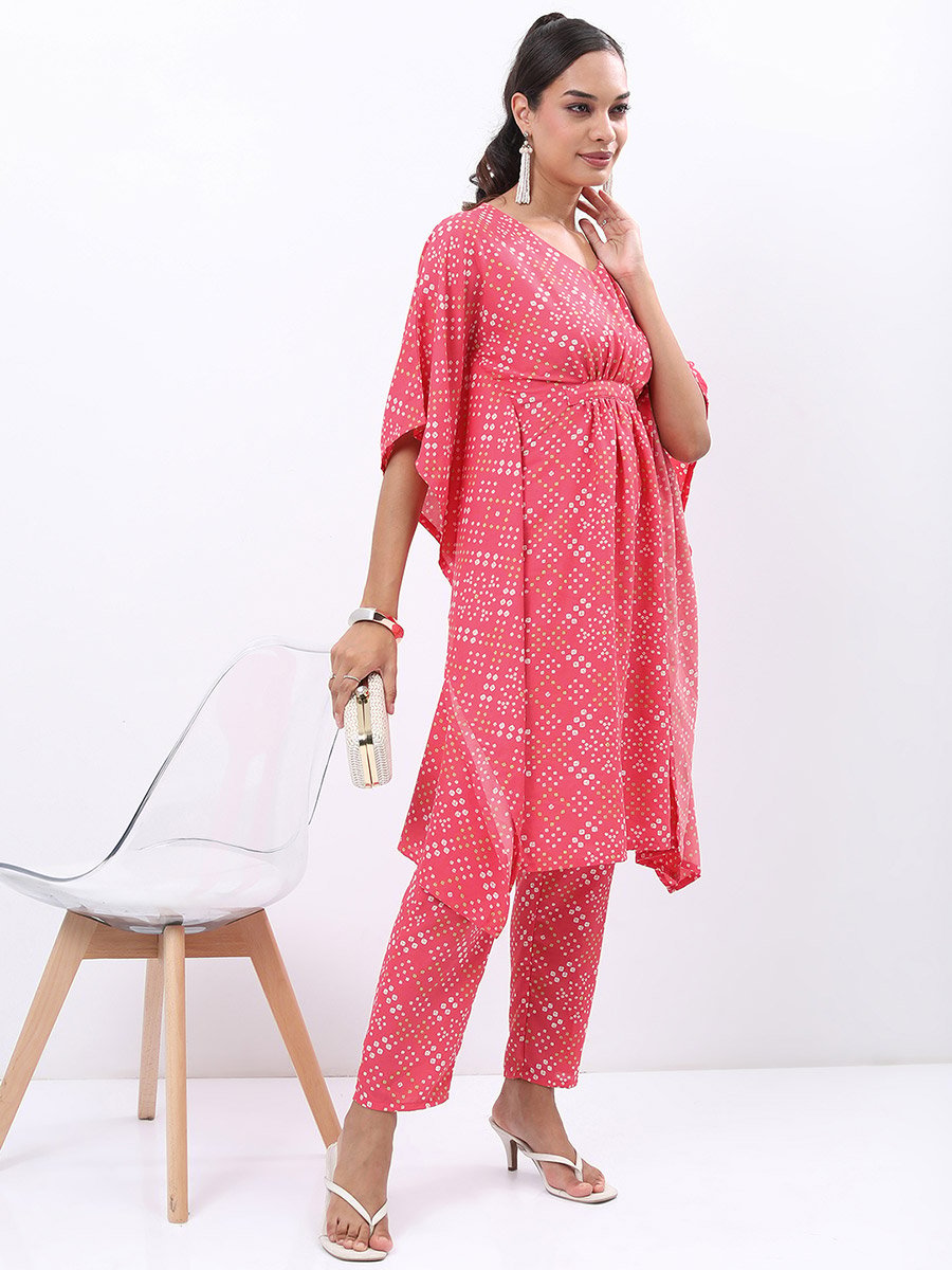 Women Pink Printed Kaftan Kurta with Trousers 