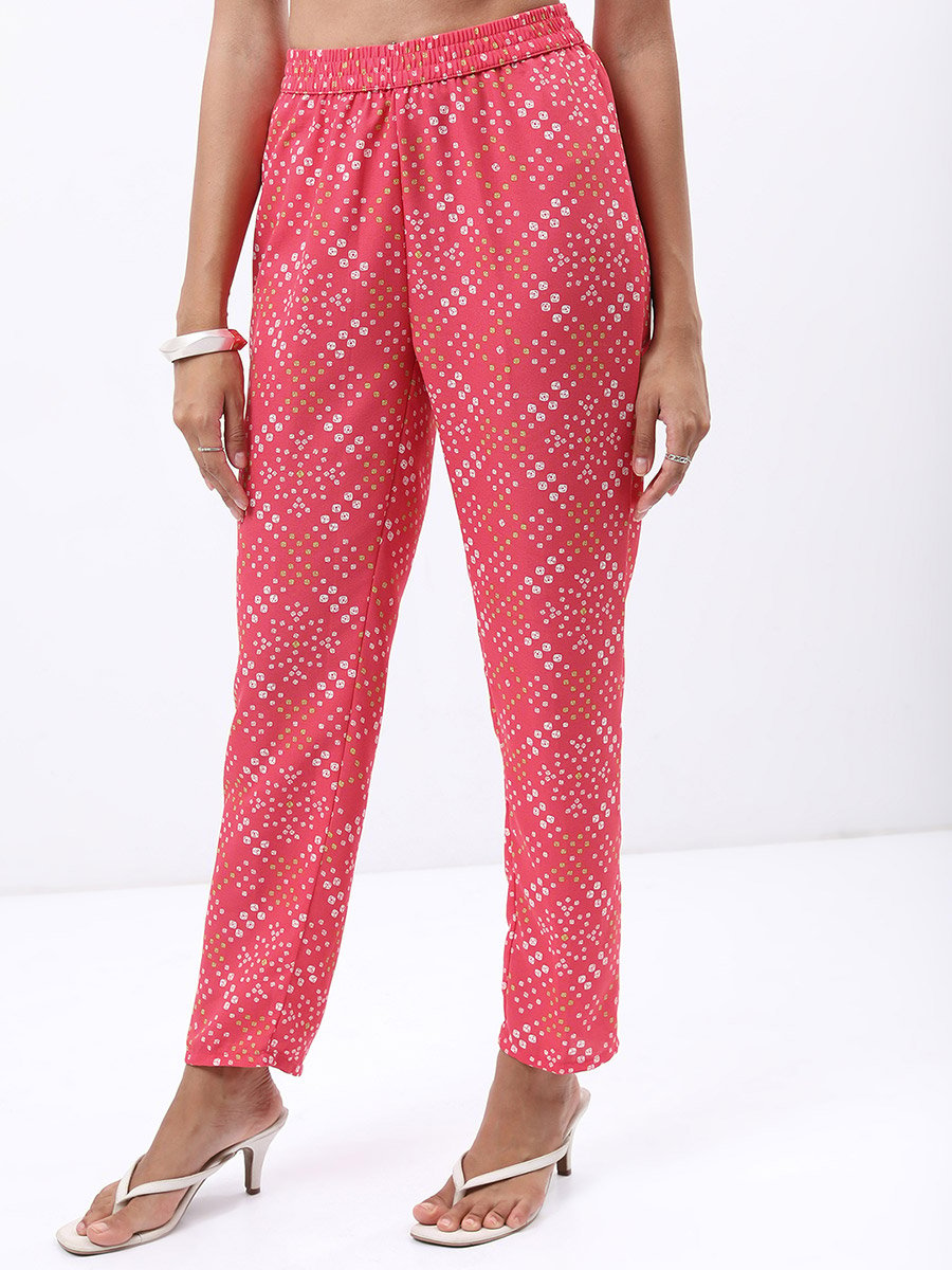 Women Pink Printed Kaftan Kurta with Trousers 