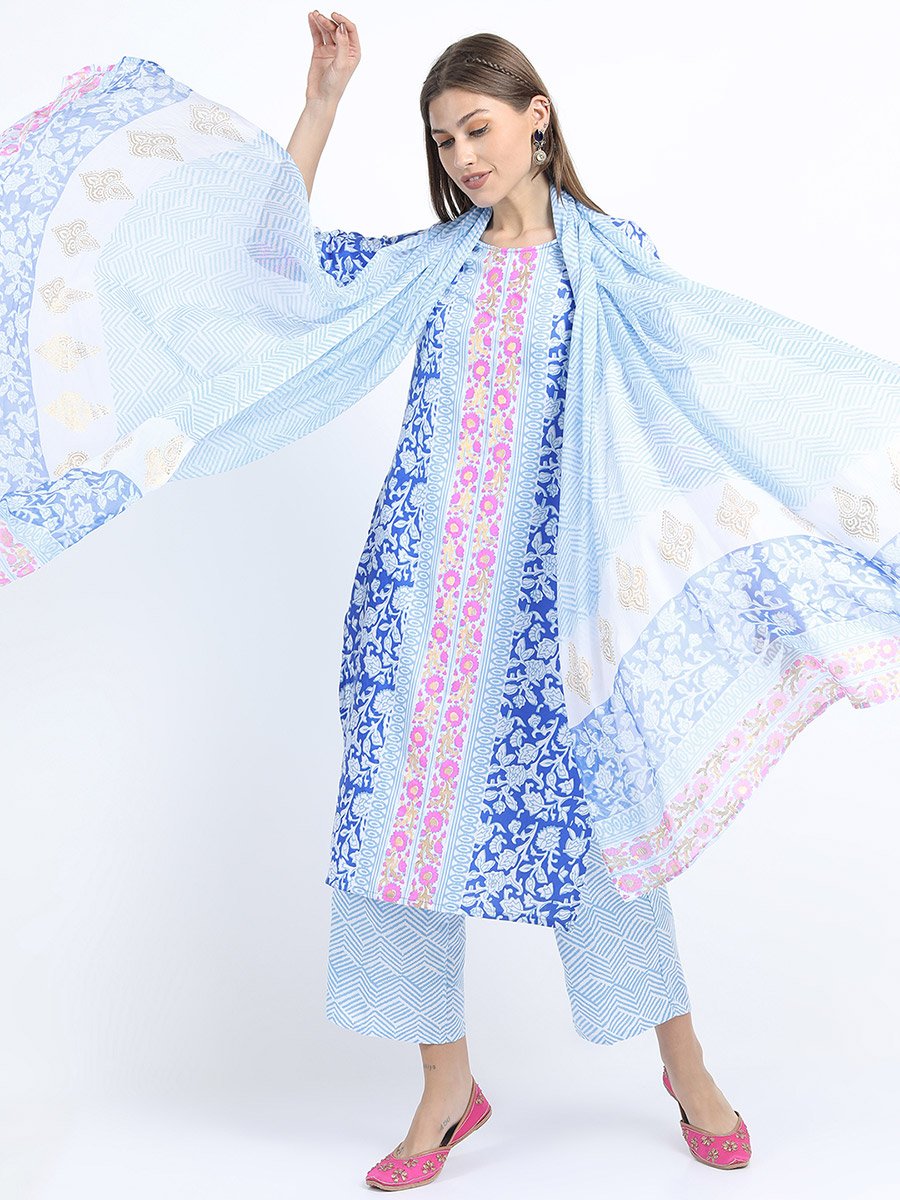 Women Blue Printed Kurta Set with Dupatta
